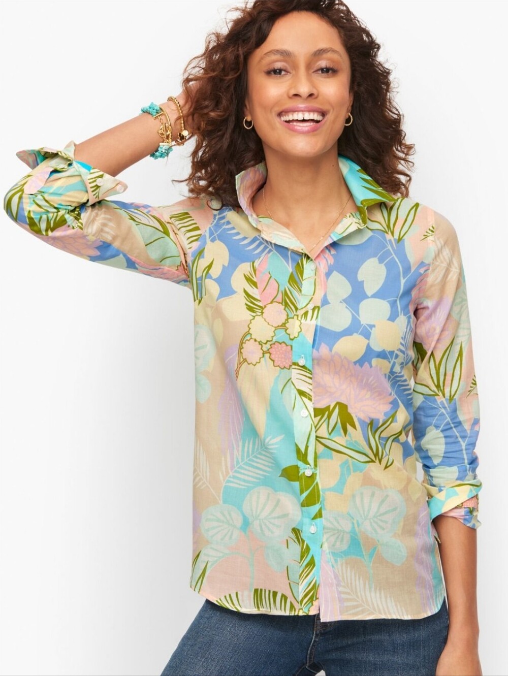 Talbots Cotton Button Front Shirt Size XL Tropical Print